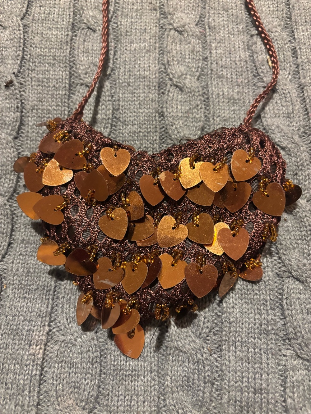 Y2K Bronze Heart Sequin Micro Crossbody Purse Bag Bling Crochet Fairy Glam